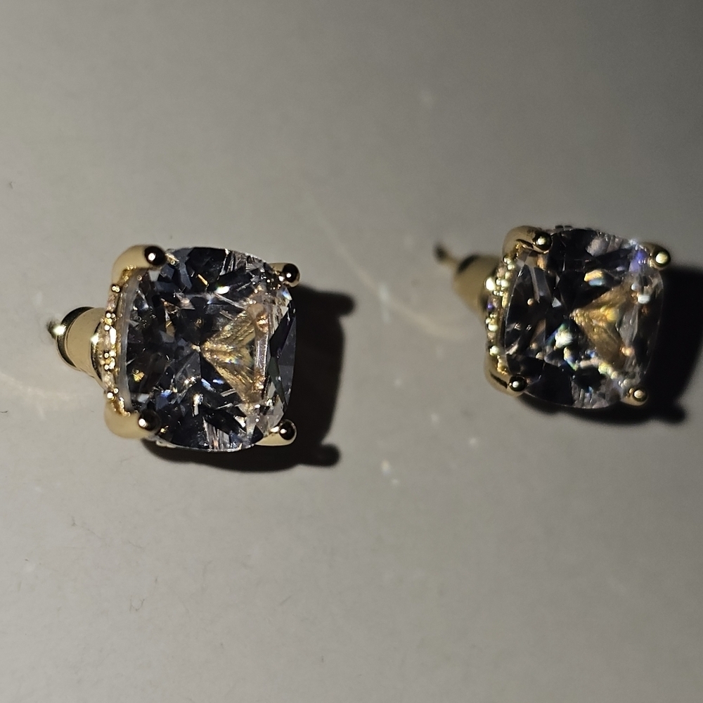 Cushion cut brilliant cz white stainless steel gold tone stud earrings NWOT